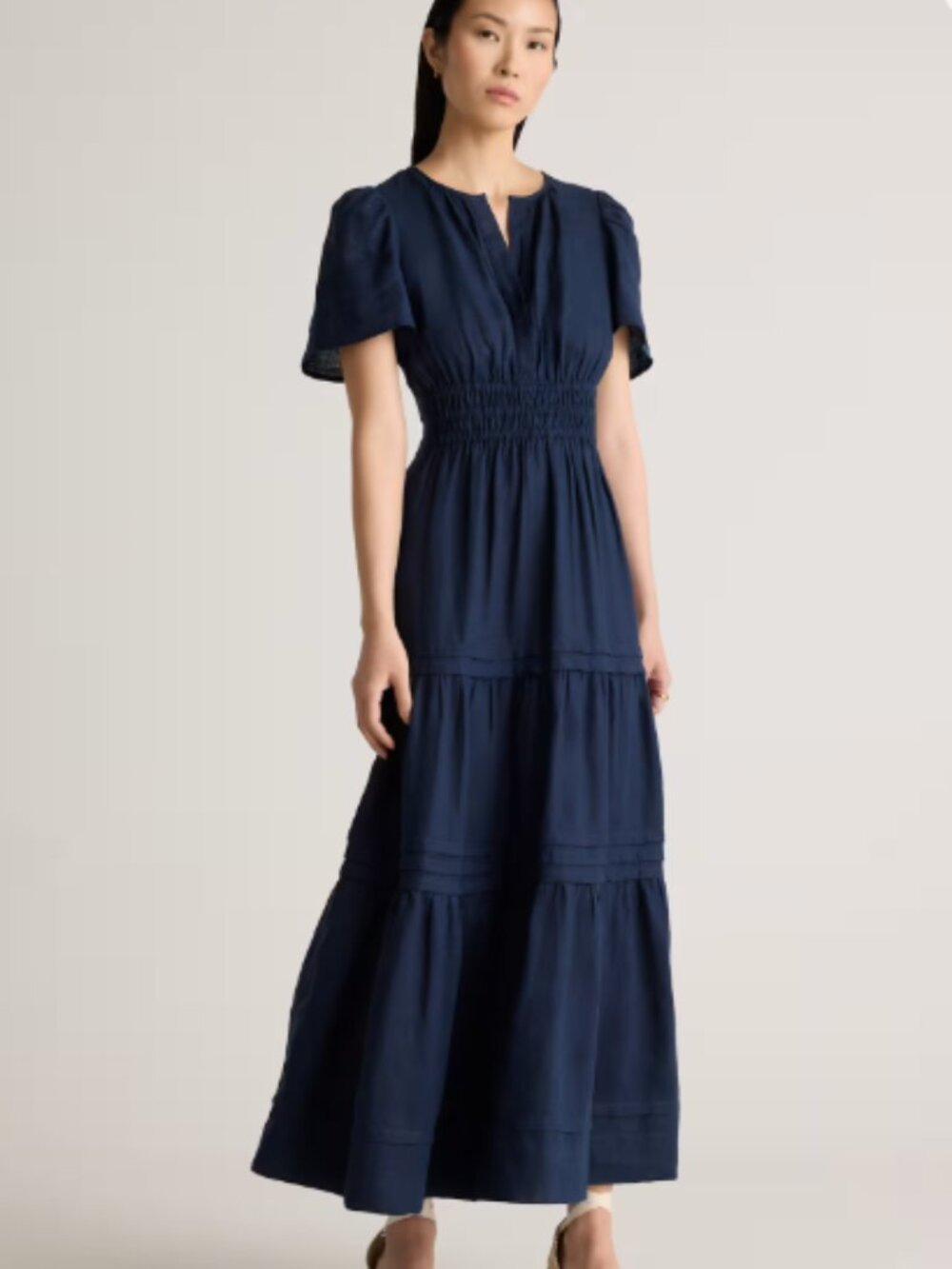 Quince 100% European Linen Tiered Maxi Dress Deep Navy - L